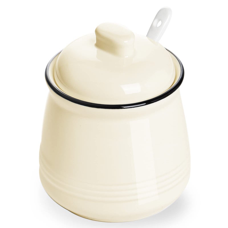 HAOTOP Porcelain Salt Bowl with Lid and Spoon Ceramic Sugar Bowl 12oz (Beige) - Image 2