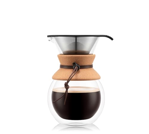 Bodum 34oz Pour Over Coffee Maker HighHeat Borosilicate Glass with Reusable Stainless Steel Filter and Double Wall Cork Grip Made in Portugal