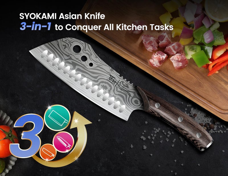 SYOKAMI Cleaver Chef Knife with Herb Stripper, 7" Asian Kitchen Knife 3-in-1 Combined with Chef's Knife, Santoku, Nakiri for Slicing, Chopping, Dicing, Mincing, Housewarming Birthday Cooking Gifts - Image 2