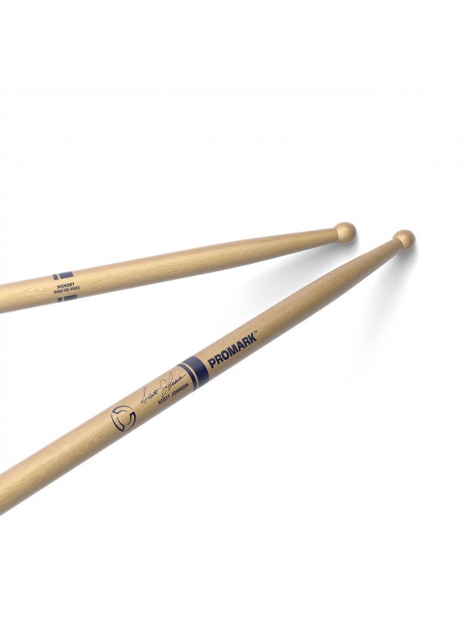 ProMark Scott Johnson Hickory Signature Marching Snare Drum Sticks - FireGrain For Playing Harder, Longer - No Excess Vibration - Lacquer Finish, Large Round Tip, Hickory Wood - 1 Pair - Image 1