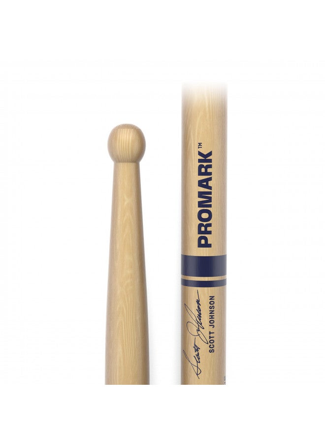ProMark Scott Johnson Hickory Signature Marching Snare Drum Sticks - FireGrain For Playing Harder, Longer - No Excess Vibration - Lacquer Finish, Large Round Tip, Hickory Wood - 1 Pair - Image 2