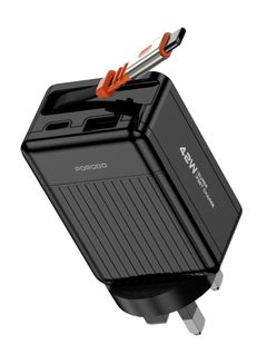 porodo Super Quick GaN Charger with 75cm Retractable Type-C Cable / UK Plug / USB-A & USB-C Output / PD 42W / Simultaneous Charging / Built-In Safeguards - Black  - Image 1