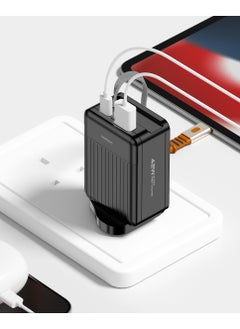 porodo Super Quick GaN Charger with 75cm Retractable Type-C Cable / UK Plug / USB-A & USB-C Output / PD 42W / Simultaneous Charging / Built-In Safeguards - Black  - Image 2