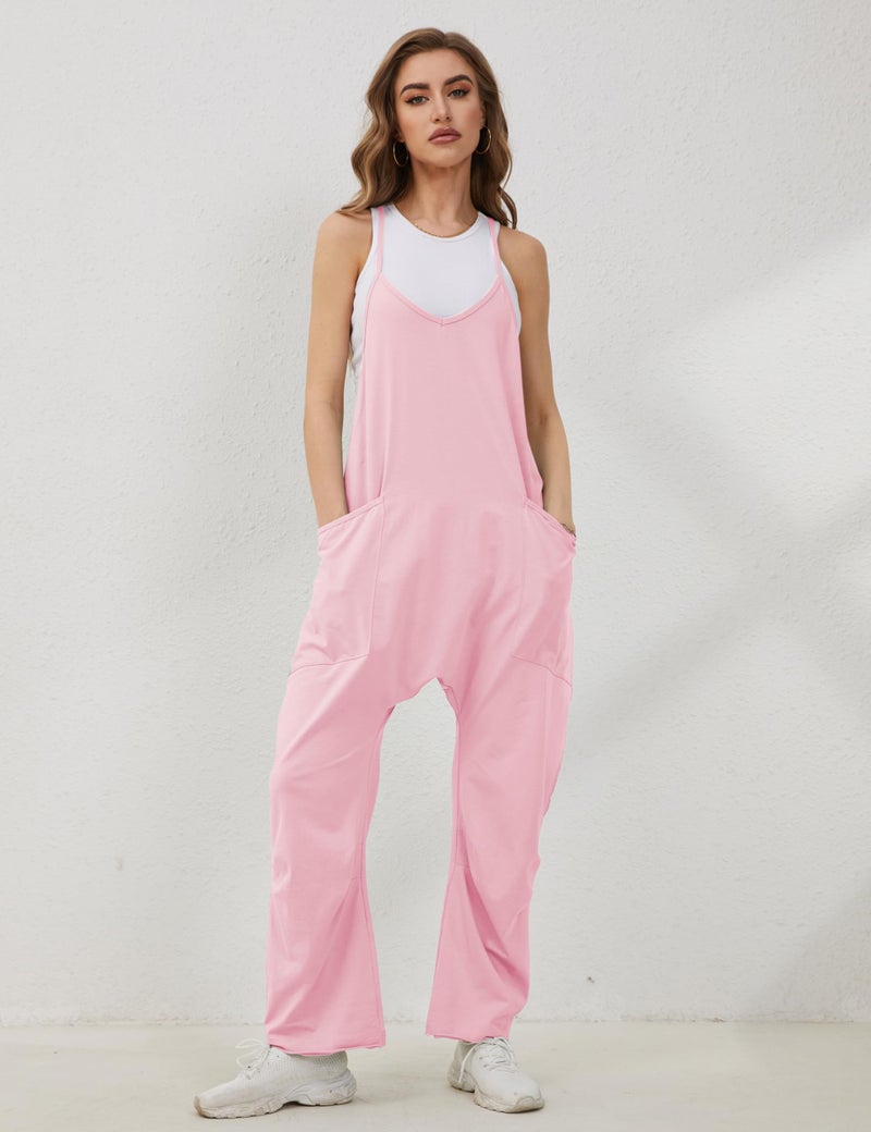 Lentta Women's Causal Jumpsuits V Neck Sleeveless Harem Overalls Stretchy Adjustable Strap Romper with Pockets(Pink-S) - Image 3