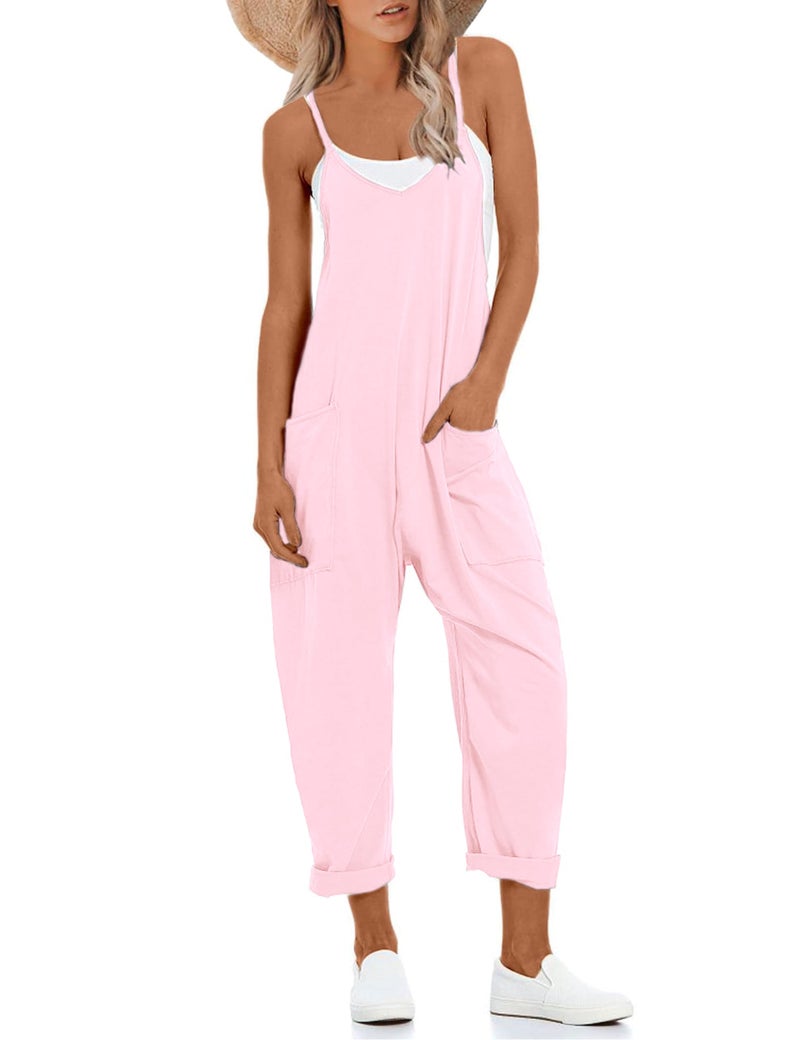 Lentta Women's Causal Jumpsuits V Neck Sleeveless Harem Overalls Stretchy Adjustable Strap Romper with Pockets(Pink-S) - Image 1