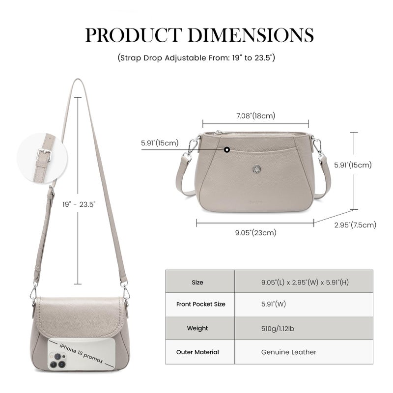befen Real Leather Crossbody Saddle Bag for Women Built in RFID Locking, Medium Cross Body Shoulder Handbags with Adjustable Straps - Grey - Image 4