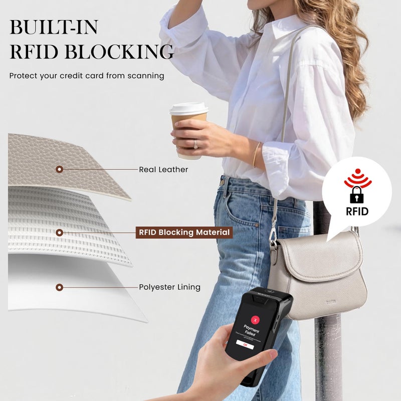 befen Real Leather Crossbody Saddle Bag for Women Built in RFID Locking, Medium Cross Body Shoulder Handbags with Adjustable Straps - Grey - Image 5