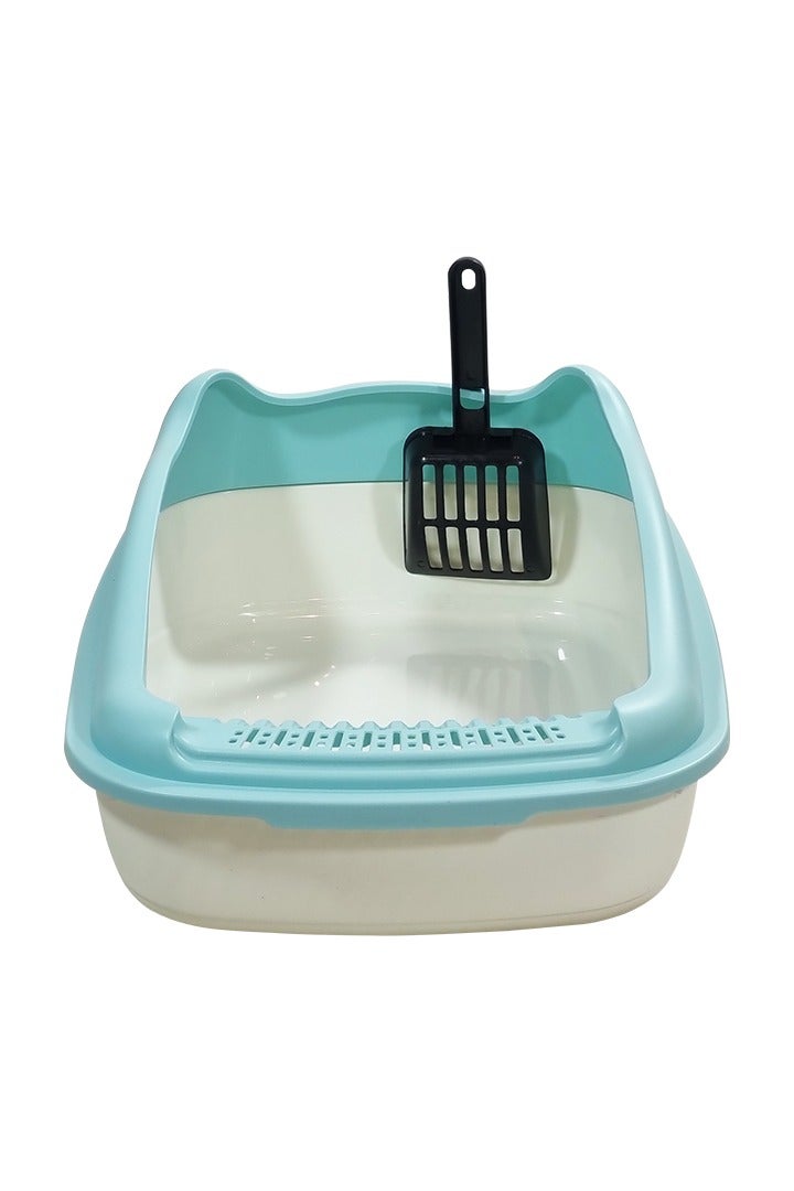 أن ان سي بيتس صندوق فضلات القطط للقطط الصغيرة والمتوسطة، مصنوع من البلاستيك المتين وتصميم قابل للإزالة، صندوق فضلات القطط 47 سم مع مغرفة، سياج مرتفع ومضاد للرذاذ، صندوق فضلات الحيوانات الأليفة سهل التنظيف (أزرق) - Image 1