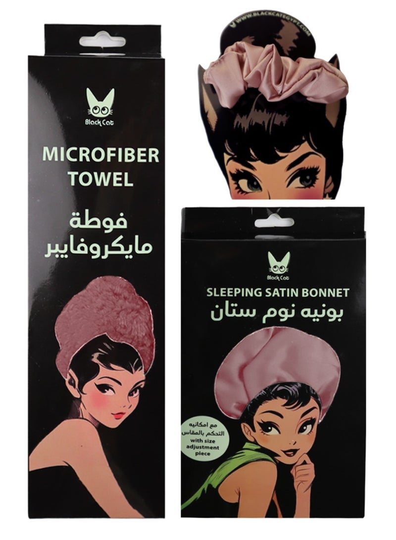 Black Cat Microfiber Towel + Satin Bonnet + Satin Scrunchie 