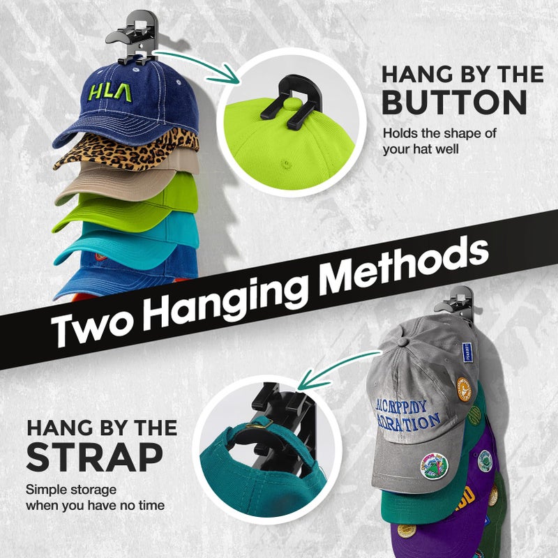 Hatisan Hat Hook for Wall, 2 Pack Hat Organizer Hold up to 20 Hats,Hat Holder with Strong Adhesive and 8 Pack Screws, Cap Holder Hat Hangers for Wall Closet Door and Bedroom(B-Black) - Image 4