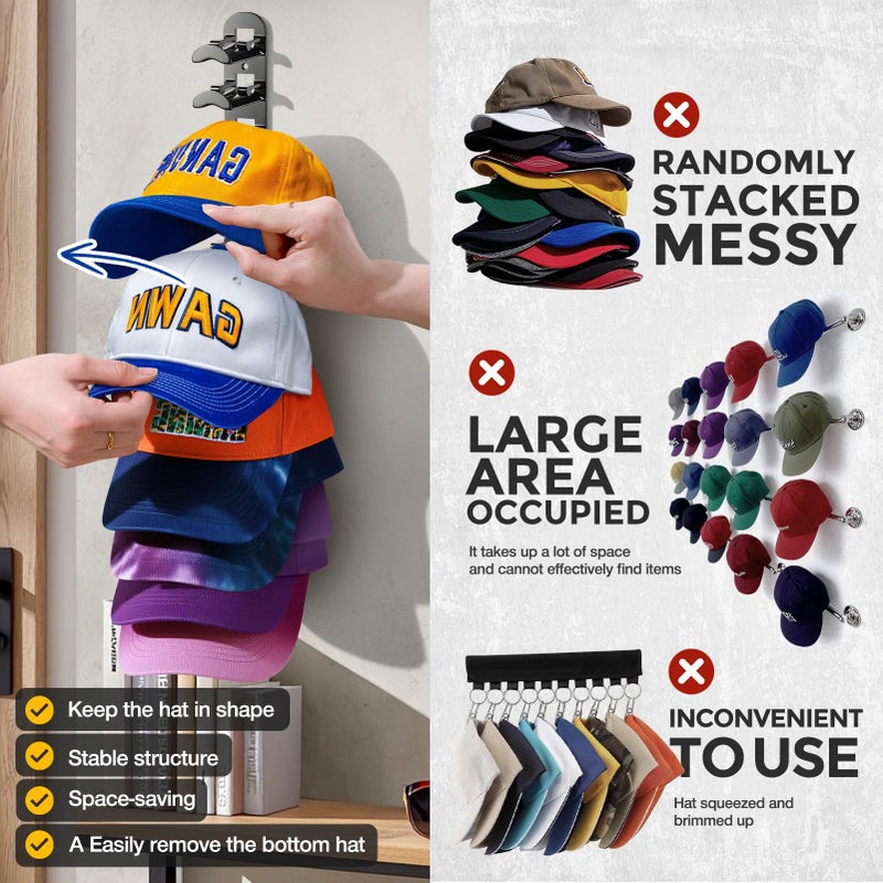Hatisan Hat Hook for Wall, 2 Pack Hat Organizer Hold up to 20 Hats,Hat Holder with Strong Adhesive and 8 Pack Screws, Cap Holder Hat Hangers for Wall Closet Door and Bedroom(B-Black) - Image 5