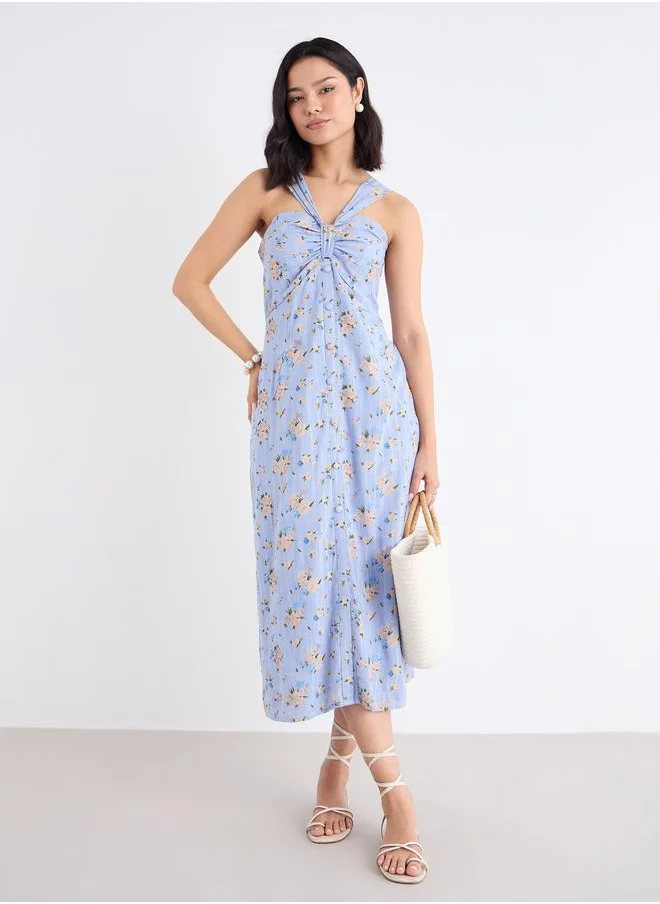 ستايلي Styli Floral Print Halter Neck Sleeveless Midi Dress