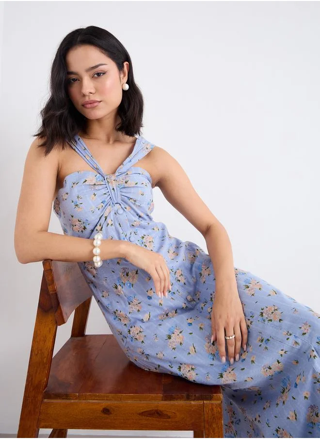 ستايلي Styli Floral Print Halter Neck Sleeveless Midi Dress