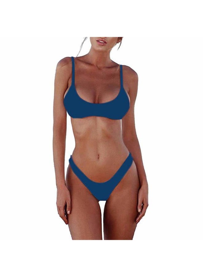 SherryDC Women's Solid Scoop Neck Push up Padded Brazilian Thong Bikini Swimsuit Deep Blue,M - Image 1