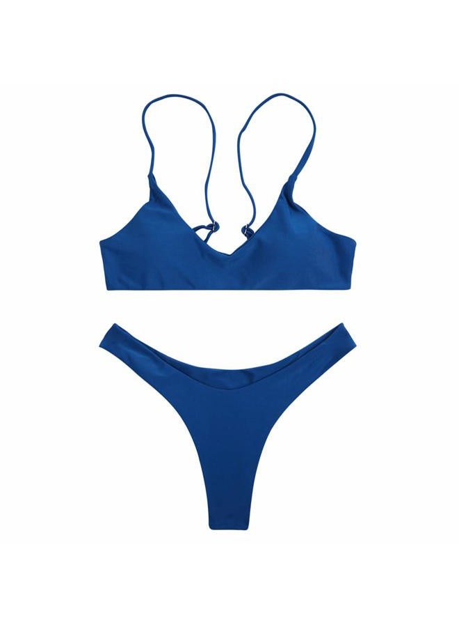SherryDC Women's Solid Scoop Neck Push up Padded Brazilian Thong Bikini Swimsuit Deep Blue,M - Image 4
