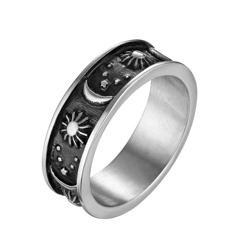 HZMAN 8mm Moon Star Sun Statement Ring Stainless Steel Boho Jewelry for Women Men (Silver, 8) - Image 1