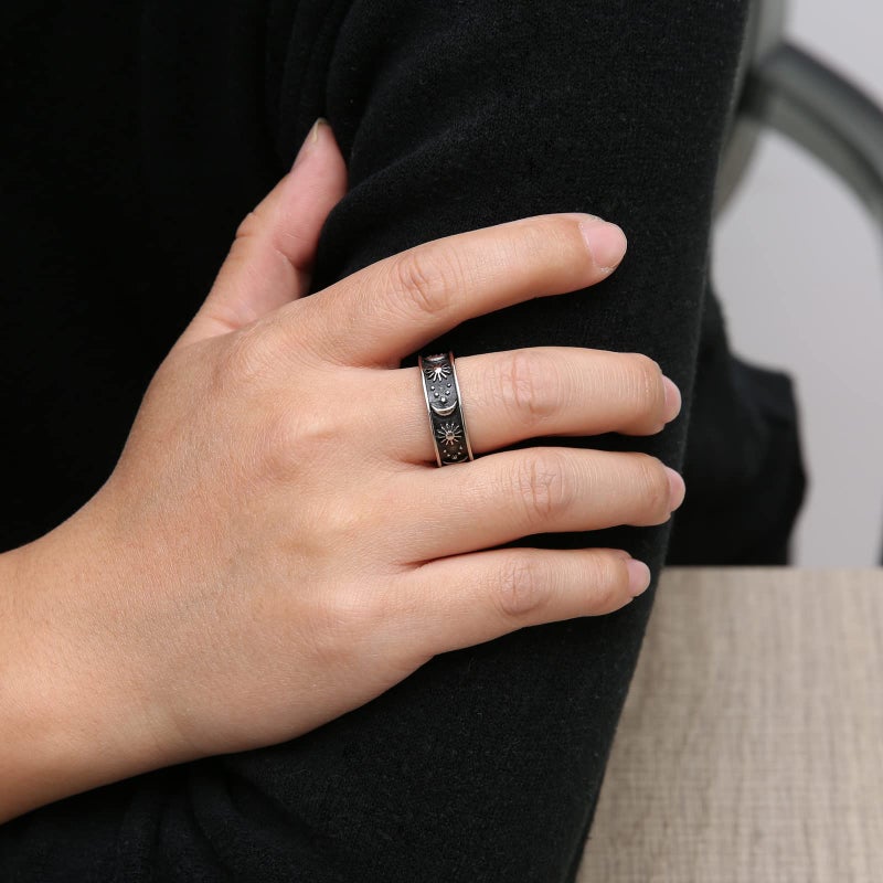 HZMAN 8mm Moon Star Sun Statement Ring Stainless Steel Boho Jewelry for Women Men (Silver, 8) - Image 3