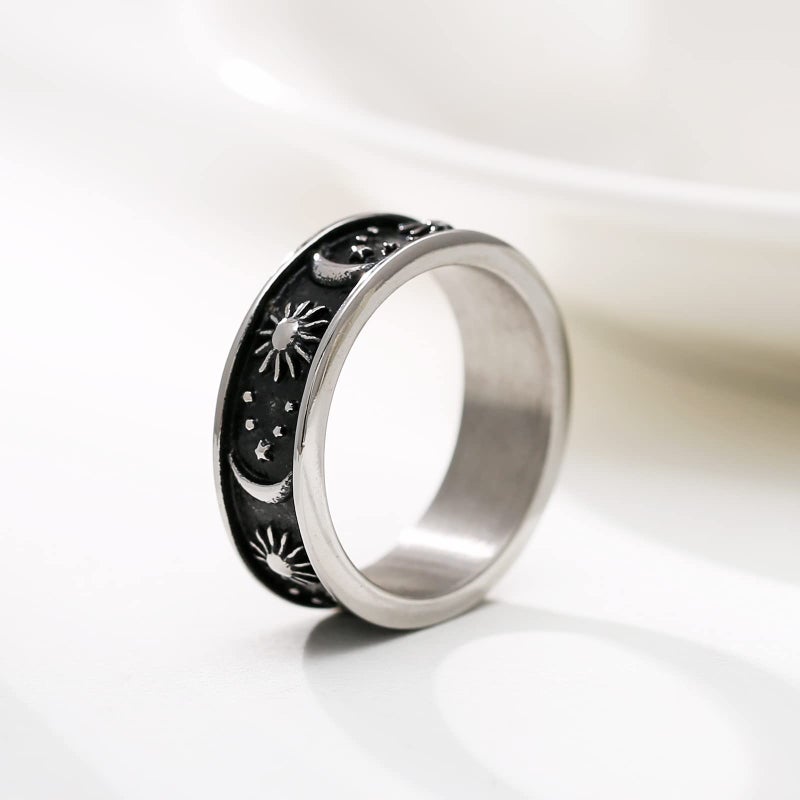 HZMAN 8mm Moon Star Sun Statement Ring Stainless Steel Boho Jewelry for Women Men (Silver, 8) - Image 2