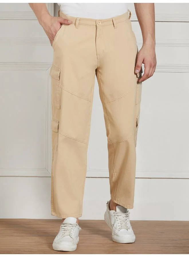 Dennis Lingo Men's Relaxed Fit Light Khaki Cotton Cargo Trousers with Stretch