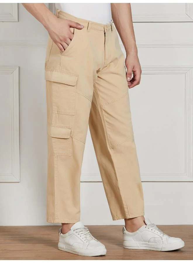 Dennis Lingo Men's Relaxed Fit Light Khaki Cotton Cargo Trousers with Stretch