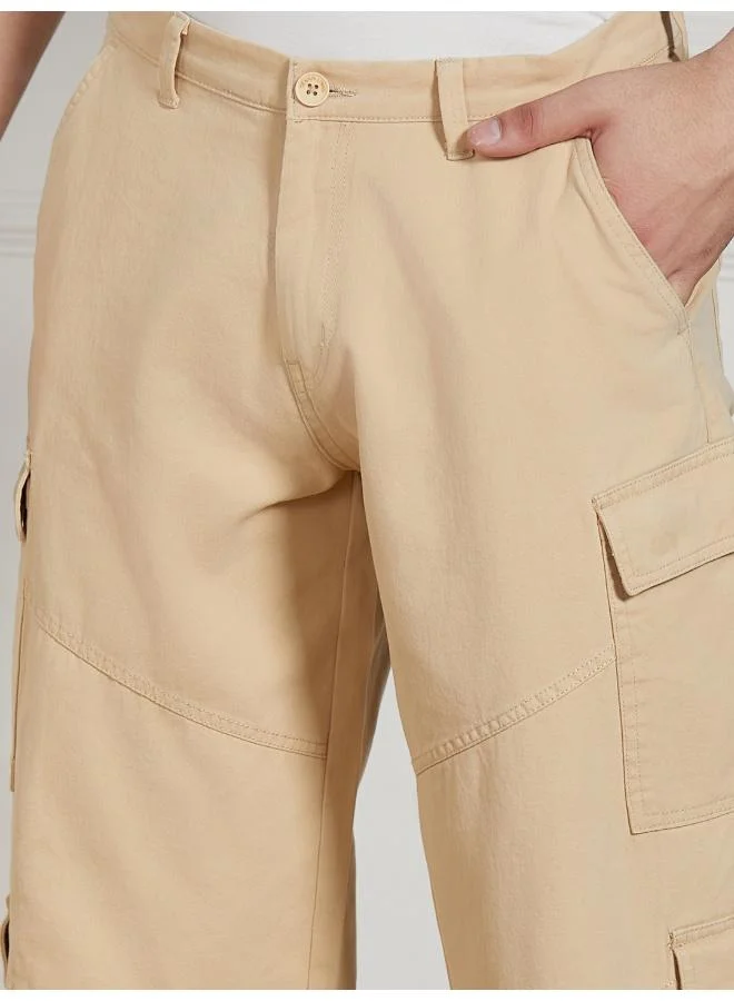 Dennis Lingo Men's Relaxed Fit Light Khaki Cotton Cargo Trousers with Stretch