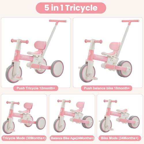 Bobike 5in1 Tricycle for Toddlers 18 Months to 5 Years Old Toddler Bike Kids Tricycle with Push Handle and Backrest Toddler Balance Bike with Easy Assembly for Boys and GirlsPink - Image 5
