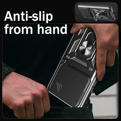 SPAZY CASE® Vivo V60 / Vivo T4 Pro Back Cover | Heavy Duty Hybrid Case with 360 Degree Rotating Finger Ring Holder + Slider Shutter Camera Protection Case for - Black - Image 3