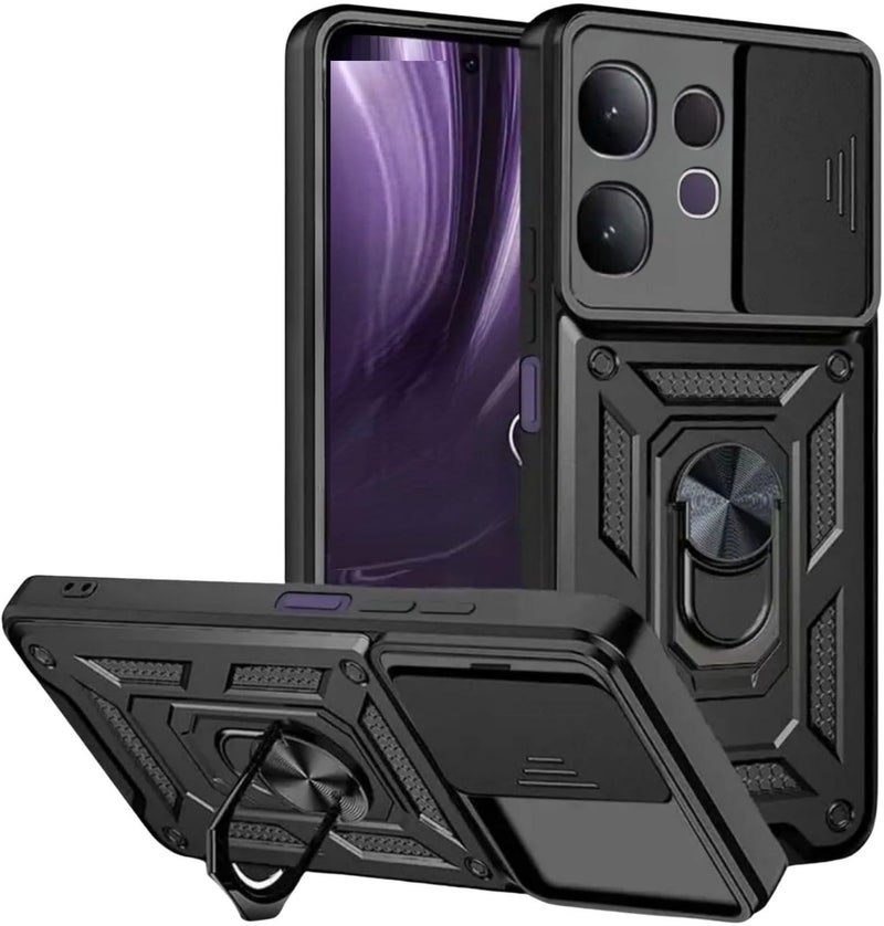 SPAZY CASE® Vivo V60 / Vivo T4 Pro Back Cover | Heavy Duty Hybrid Case with 360 Degree Rotating Finger Ring Holder + Slider Shutter Camera Protection Case for - Black - Image 1