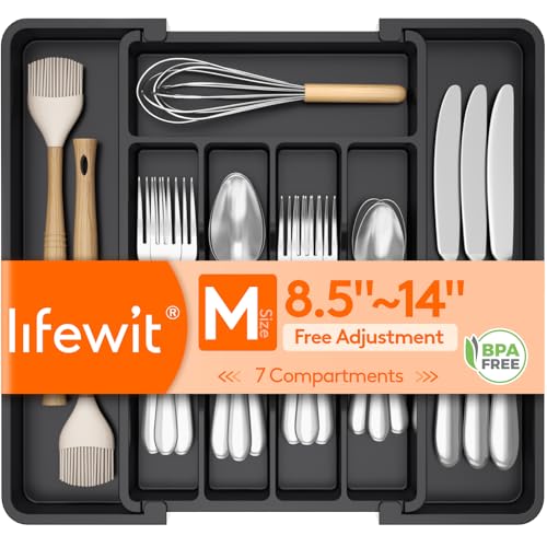 Lifewit Expandable Silverware Organizer Plastic Utensil Tray for Kitchen Drawer BPA Free Flatware Cutlery Holder SpaceSaving Storage for Spoons Forks Knives 8514 x 12 x 15 inch Black - Image 1