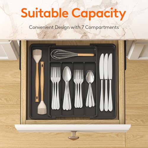Lifewit Expandable Silverware Organizer Plastic Utensil Tray for Kitchen Drawer BPA Free Flatware Cutlery Holder SpaceSaving Storage for Spoons Forks Knives 8514 x 12 x 15 inch Black - Image 3