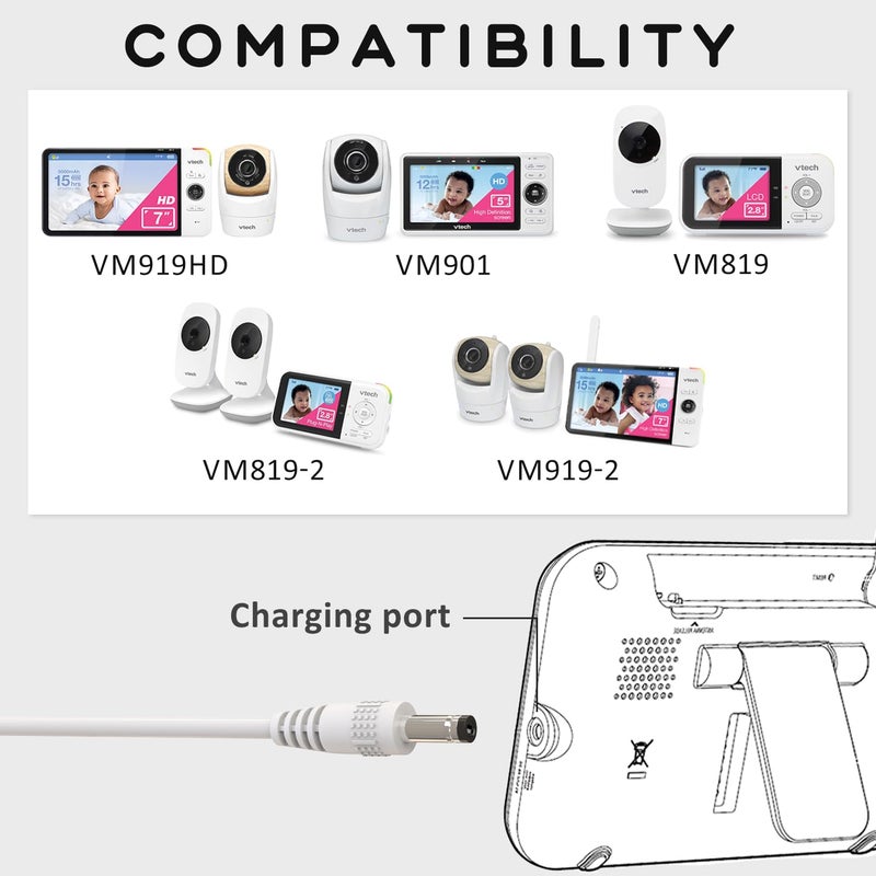 BOEEA 5V Power Cord Compatible with VTech VM901 VM919HD VM919-2HD VM819 VM819-2 PU Baby Monitor Handheld Screen Parent Unit (Not for Baby Unit Cam), Universal Baby Monitor Charger Adapter with 5Ft Cord - Image 2