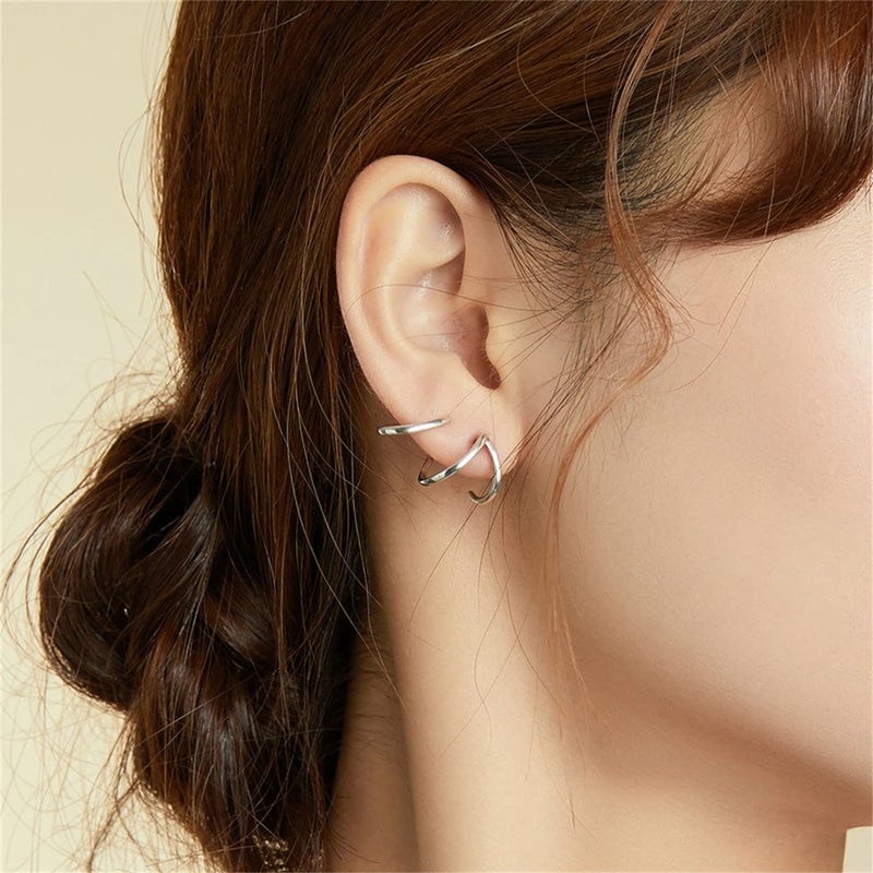 BISAER 925 Sterling Silver Triple Illusion Stud Earrings Double Huggie Hoop Earrings for One Hole Simple Trendy Claw Earring for Women Jewelry Gifts - Image 3