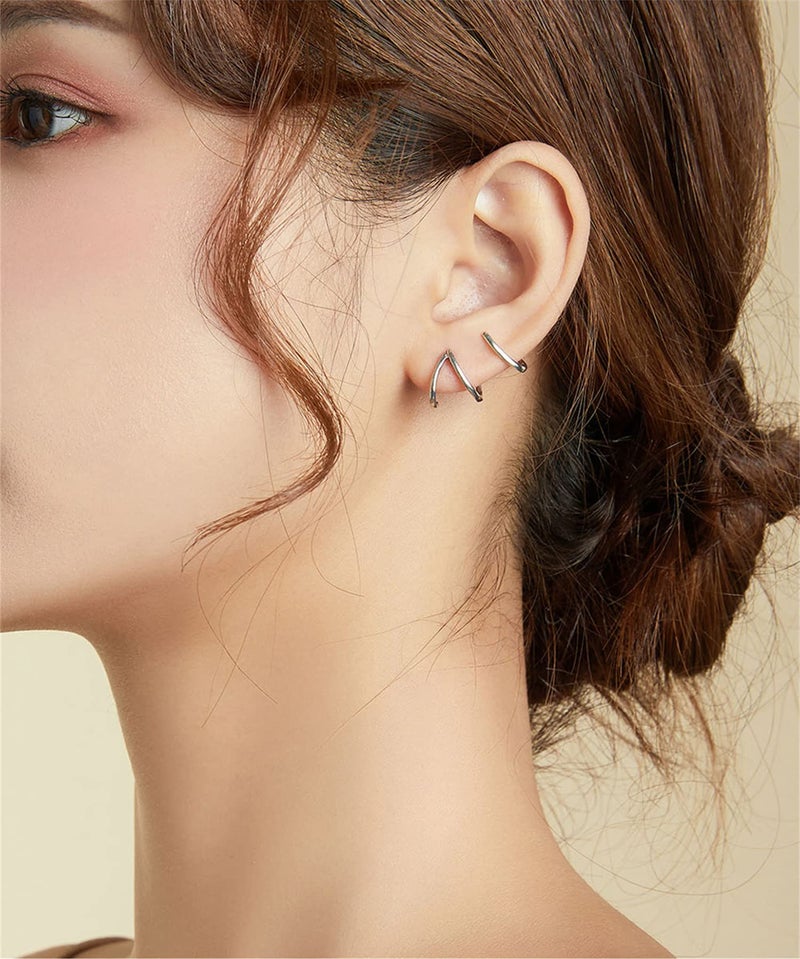 BISAER 925 Sterling Silver Triple Illusion Stud Earrings Double Huggie Hoop Earrings for One Hole Simple Trendy Claw Earring for Women Jewelry Gifts - Image 2