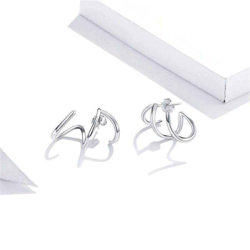 BISAER 925 Sterling Silver Triple Illusion Stud Earrings Double Huggie Hoop Earrings for One Hole Simple Trendy Claw Earring for Women Jewelry Gifts - Image 5