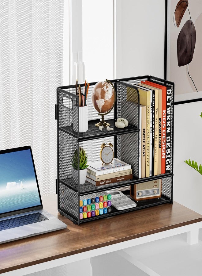 Marbrasse 3-Tier Desk Shelf Organizer with Handle, Desktop Bookshelf File Holder, Mesh Display Shelf Organizer Storage Rack for Office, Home, Supplies, Kitchen (Black) - Image 2