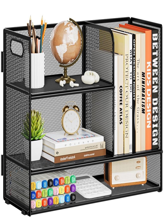 Marbrasse 3-Tier Desk Shelf Organizer with Handle, Desktop Bookshelf File Holder, Mesh Display Shelf Organizer Storage Rack for Office, Home, Supplies, Kitchen (Black) - Image 1