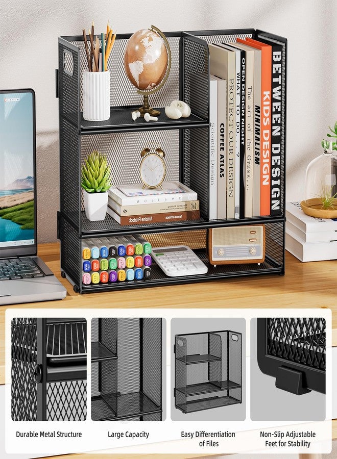 Marbrasse 3-Tier Desk Shelf Organizer with Handle, Desktop Bookshelf File Holder, Mesh Display Shelf Organizer Storage Rack for Office, Home, Supplies, Kitchen (Black) - Image 3