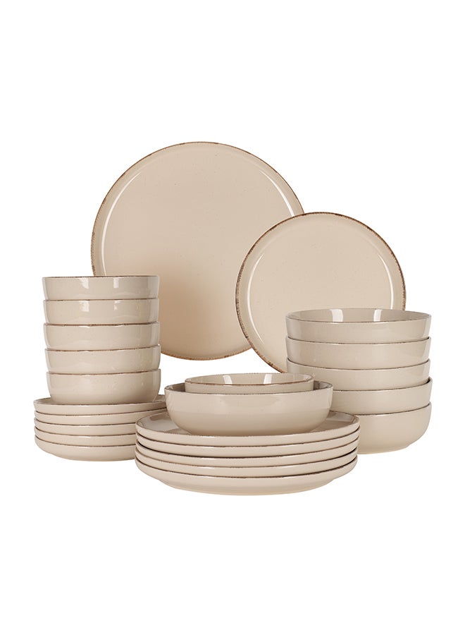 Noon East 24 piece Stoneware Dinnerware Set, Set for 6, Microwave & Dishwasher Safe, Beige with Brown Rim - Image 1