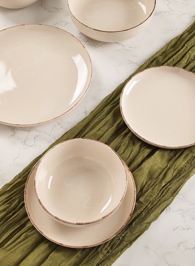Noon East 24 piece Stoneware Dinnerware Set, Set for 6, Microwave & Dishwasher Safe, Beige with Brown Rim - Image 5