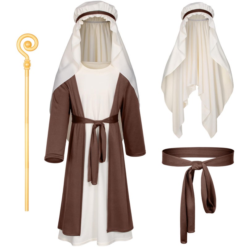 Irtysh Kids Biblical Saint Joseph Costume Jesus Robe Fancy Dress Sherherd Costume Staffs Headwrap Hat Waist Rope SetBrown 140 - Image 3