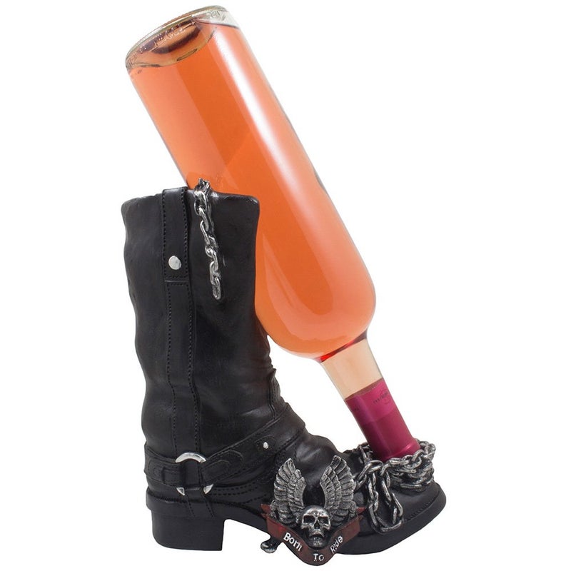 Home 'n Gifts Home 'n Gifts Decorative Black Motorcycle Biker Boot Liquor or Wine Bottle Holder Display Stand with Born to Ride Logo  Skull & Eagle Wings Symbol for Home Bar Decor or Kitchen Counter Wine Racks  - Image 1