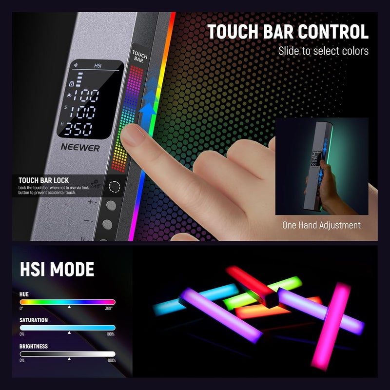 Neewer NEEWER RGB1 LED Tube Light Stick with Metal Barndoor, Handle, Touch Bar / APP Control, Magnetic Handheld RGB Video Light, 3200K–5600K CRI98+ Dimmable, with 6400mAh Battery  - Image 3