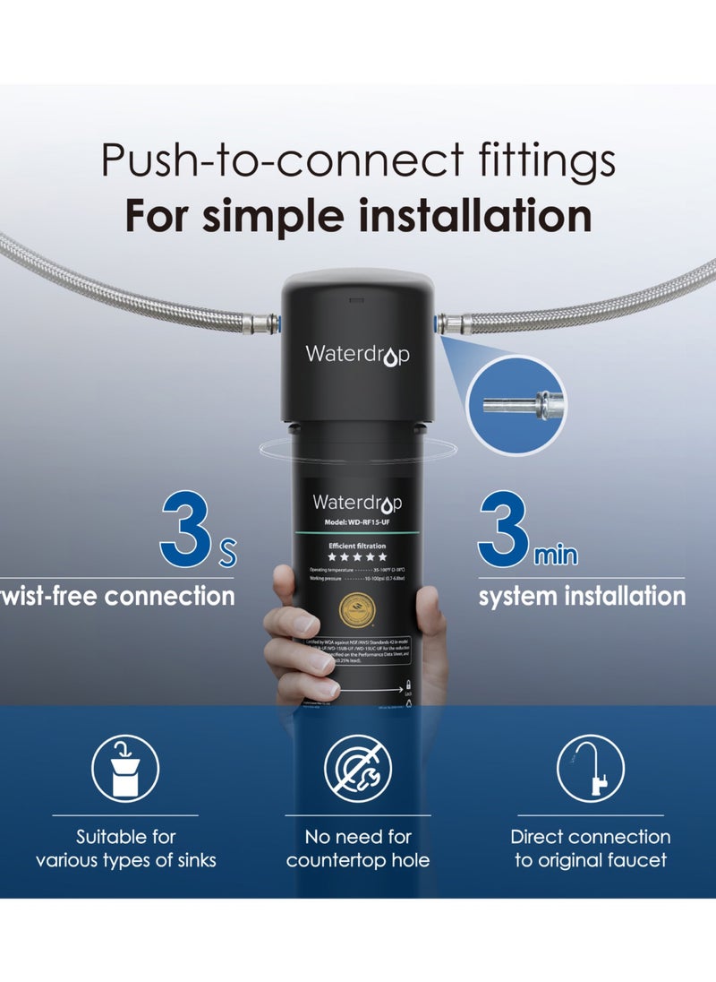 Waterdrop 15UA Under Sink Water Filter System, 2 Years Capacity, NSF/ANSI 42 Certified, Reduces PFAS, PFOA/PFOS, Lead, Chlorine, Odor, Under Counter Water Filter Direct Connect to Kitchen Faucet