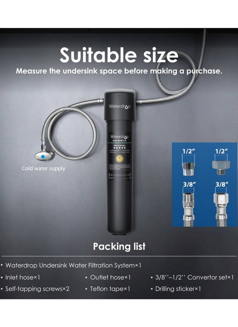 Waterdrop 15UA Under Sink Water Filter System, 2 Years Capacity, NSF/ANSI 42 Certified, Reduces PFAS, PFOA/PFOS, Lead, Chlorine, Odor, Under Counter Water Filter Direct Connect to Kitchen Faucet