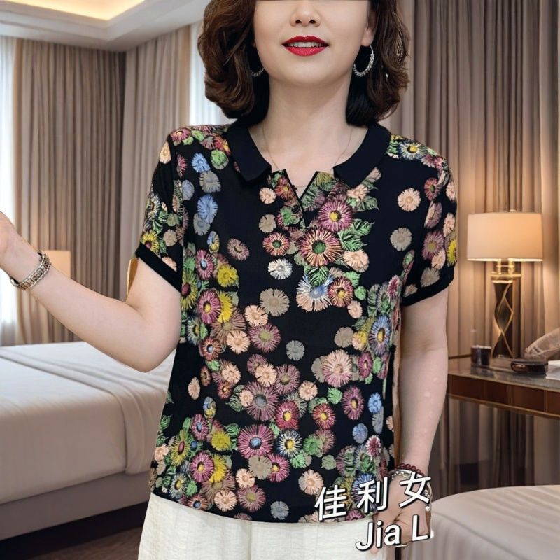 Floral Short-Sleeved T-Shirt Women'S Quality Mother'S Lar Polo Middle-Aged Sports Casual Top Plus Size - Image 3