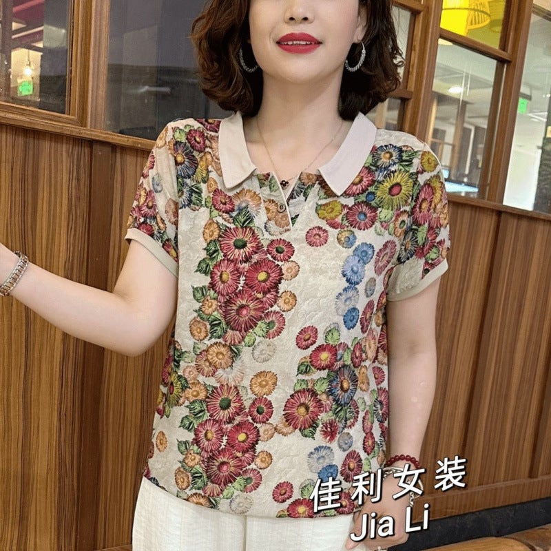 Floral Short-Sleeved T-Shirt Women'S Quality Mother'S Lar Polo Middle-Aged Sports Casual Top Plus Size - Image 4