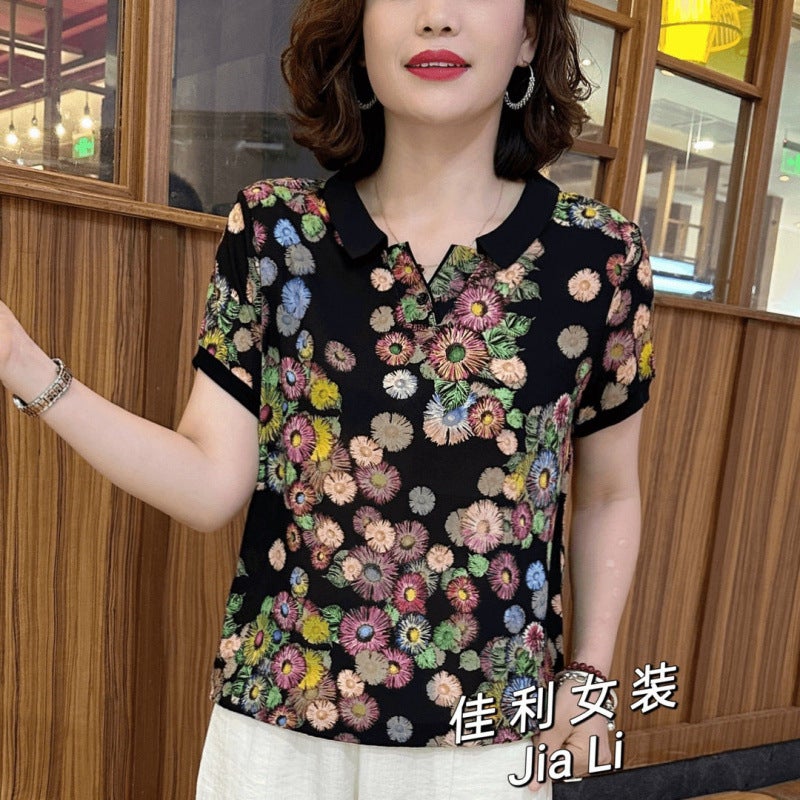 Floral Short-Sleeved T-Shirt Women'S Quality Mother'S Lar Polo Middle-Aged Sports Casual Top Plus Size - Image 5