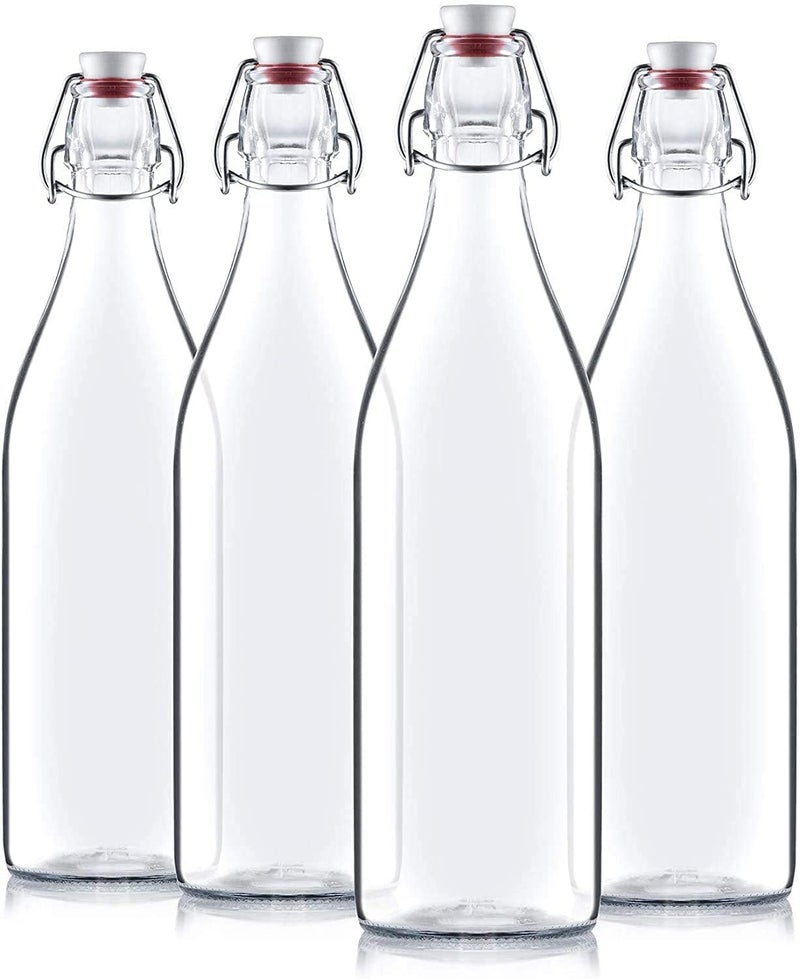 NVRA Flip Top Glass Water Bottle Pack of 4 1 Liter Clear Airtight Leak Proof Swing Cap Bottle with Stopper for Beverages Oil Soda Beer Juice Kombucha Milk 1000ml Fridge Water Bottles