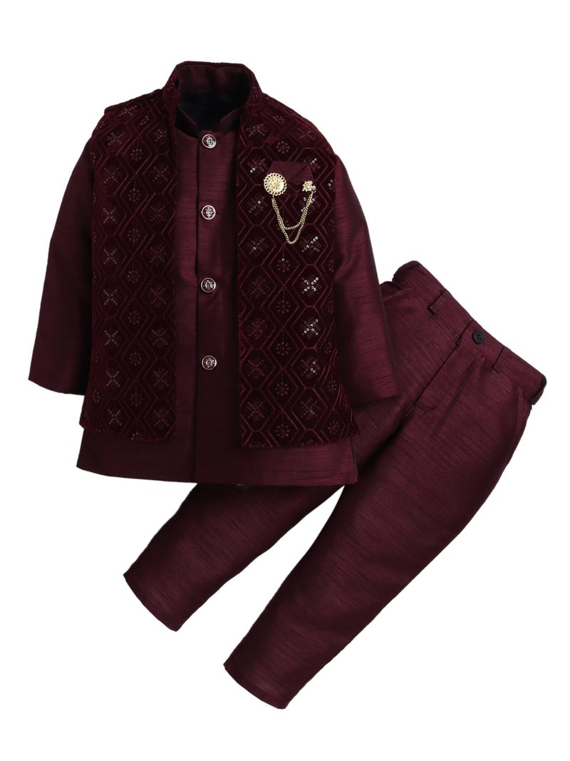 AHHAAAA Boy's Velvet 3-Piece Indo-Western Set|Kids Sequin Embellished Work, Velvet Sherwani Set|Ideal for any Festivals/Weddings Occasion|Wine, 10-11 Years| - Image 1