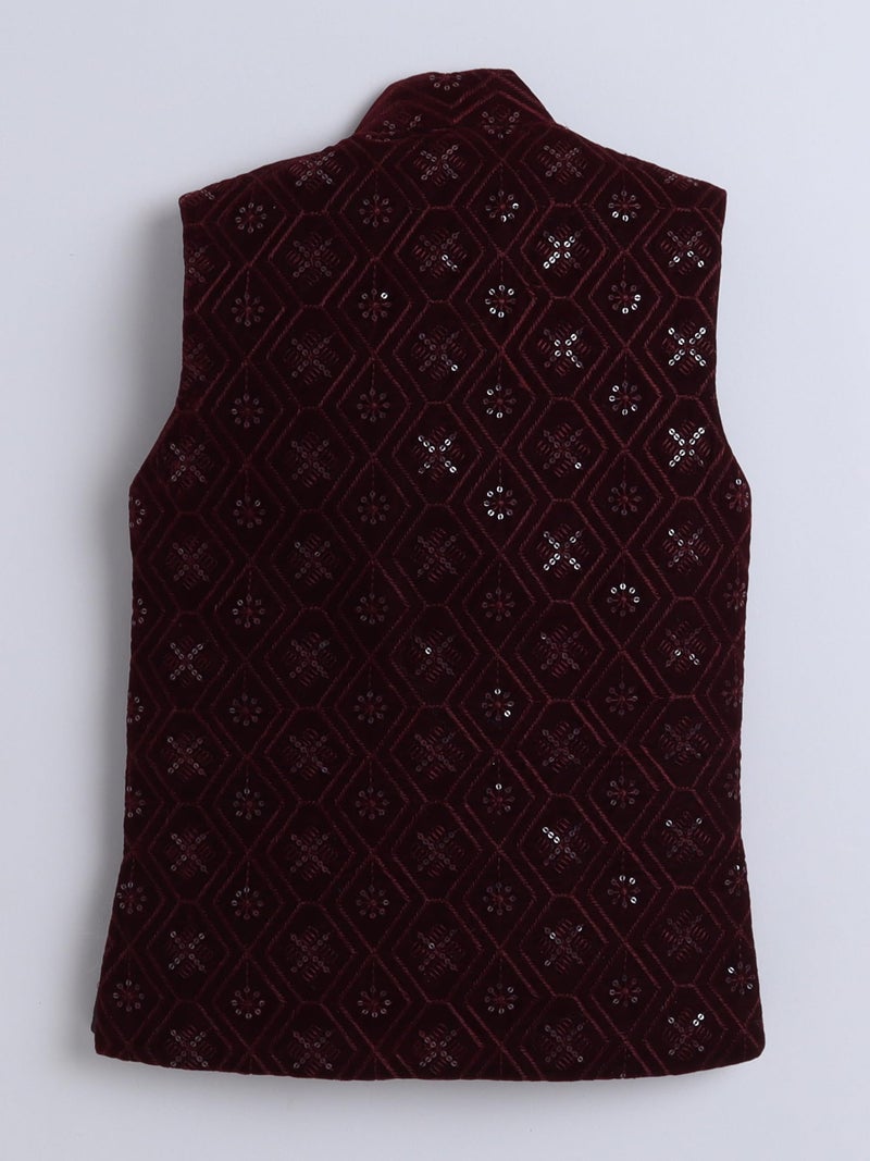 AHHAAAA Boy's Velvet 3-Piece Indo-Western Set|Kids Sequin Embellished Work, Velvet Sherwani Set|Ideal for any Festivals/Weddings Occasion|Wine, 10-11 Years| - Image 5
